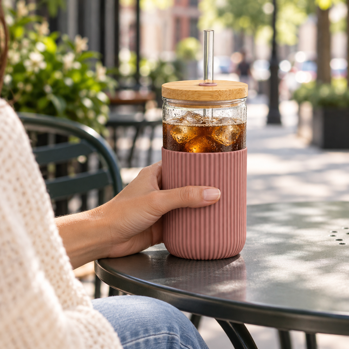 Rose Ribbed Glass Cold Brew Cup