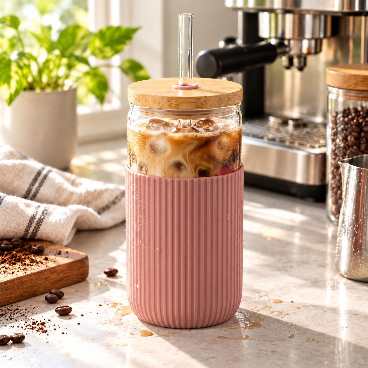 Rose Ribbed Glass Cold Brew Cup