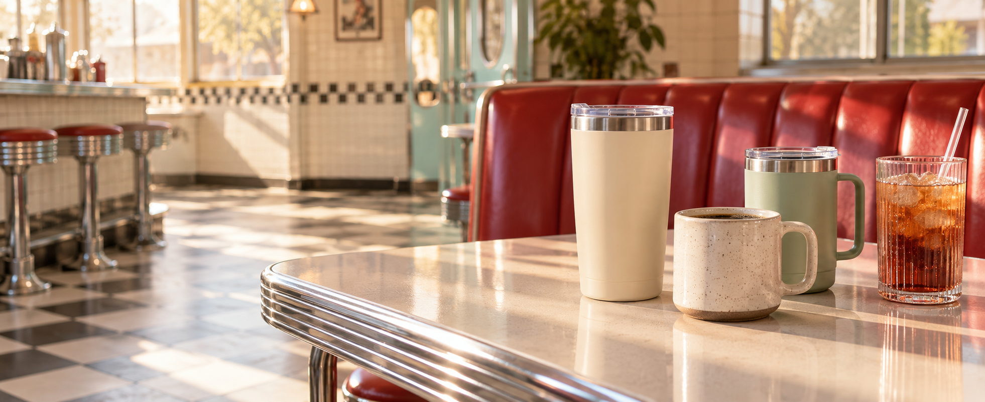 Vintage diner table with travel tumblers and coffee cups